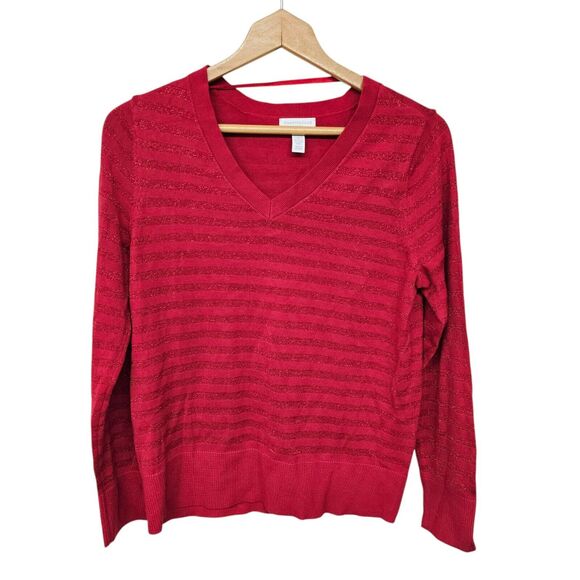 Charter Club Sweater Womens Sz PM Red V-Neck Striped NWT - Picture 1 of 8